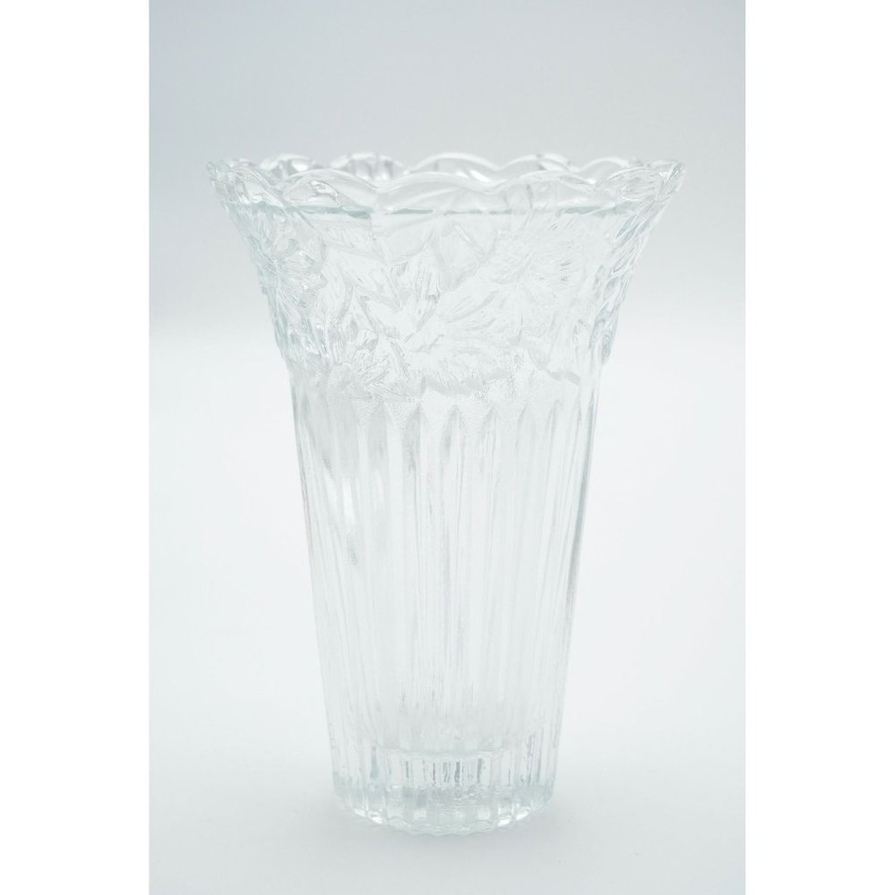 KIG Malaysia Clear Glass 6” Vase Ribbed with Embossed Sunflowers Scalloped Edge